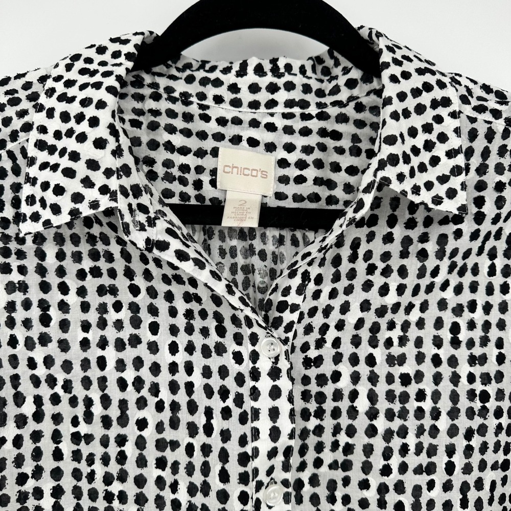 Chico's Button Down White with Black Dots 3/4 Sleeve‎ Lightweight Shirt Sz Large - Picture 2 of 10